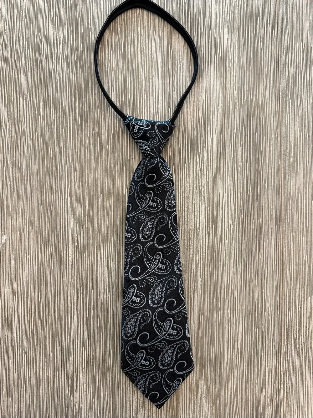 Boys black and silver pre tied zipper adjustable tie 10 inch